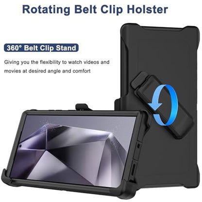 for Samsung Galaxy S24 Ultra Case with Belt Clip Holster, 2X Screen Protector, Heavy Duty Military Grade Full Body Shockproof Rugged Protective Cover for Samsung S24 Ultra 5G (Black) - color: Black