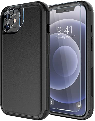Diverbox for iPhone 12 case [Shockproof] [Dropproof] [Tempered Glass Screen Protector],Heavy Duty Protection Phone Case Cover for Apple iPhone 12 (12-Black-3in1) - color: Black-3in1