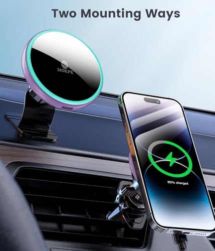 for Magsafe Car Mount Charger 15W LED RGB Car Phone Holder for Dash Vent - color: Purple