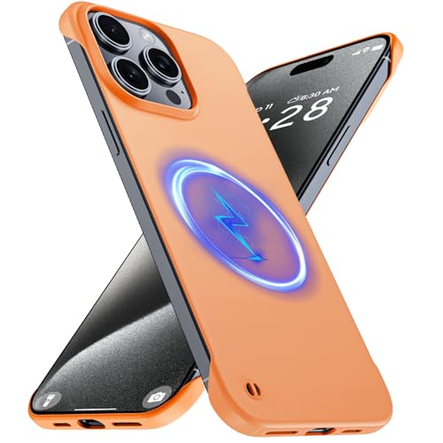 GRECAZO Magnetic Slim Frameless Case for iPhone 15 Pro Max, Orange | Compatible with MagSafe, Soft-Touch Matte Hard PC Cover, Ultra Thin Lightweight Minimalist, Pull Ring Lanyard, 6.7 Inch - color: Orange, size: iPhone 15 Pro Max