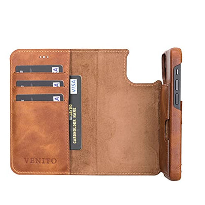 Venito Florence Leather Wallet Phone Case Compatible with iPhone 13 Mini (5.4 inch) - Extra Secure with RFID Blocking - Detachable Phone Wallet (Antique Brown) - color: Antique Brown, size: iPhone 13 Mini