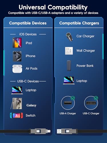 4 in 1 Charging Cable 100W,USB C and Lightning cable 2 in 1 iphone 16 Charger cord 10 FT Fast Charging USB C Cable Multi Charging Cable with E-Mark Chip for iPhone 16/15/14/13、12/11/Pad/Android/Tablet
