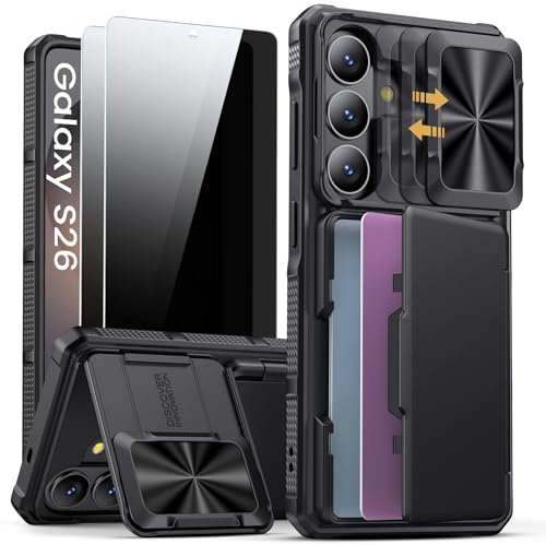 SSLOTSCASE for Samsung Galaxy S26 Case with 2X Privacy Screen Protector [9H Hardness], Card Holder & Stand & Sliding Camera Lens Cover, Heavy Duty Drop Protection Rugged Phone Case for S26, Black - color: Black-PSP, size: S26