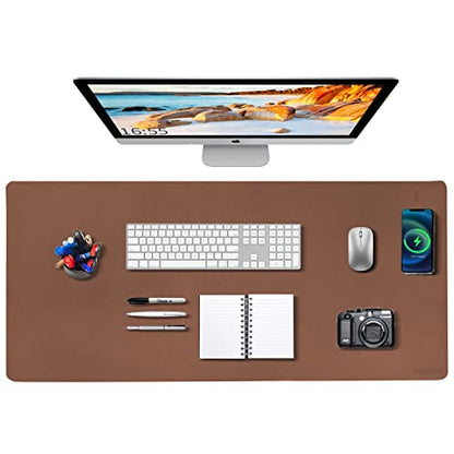 Desk Mat Wireless Charging Mouse Pad Large 32x16 Journey Desk Pad Mat with Wireless Charger Waterproof Leather Computer Mat with Phone Charger Mousepad Non-Slip for Keyboard and Mouse - color: Light Brown, size: 32" x 16"