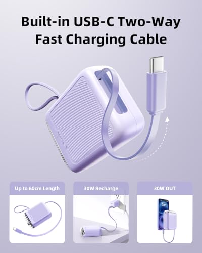 Innostyle 10000mAh Power Bank, 30W Portable Charger with Built‑in USB‑C - color: Purple