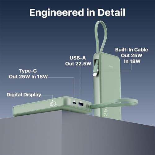 JUOVI 25W Portable Charger 10000mah Power Bank Built-in USB-C Cable - color: Green