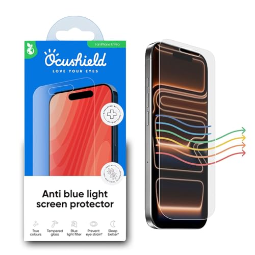 Ocushield Anti Blue Light Tempered Glass Screen Protector of iPhone 17/ iPhone 17 Pro(6.3") – Blocks Blue Light, Prevents Eye Strain & Helps You Sleep Better, 9H Hardness & Case Friendly - size: iPhone 17 Pro (6.3")