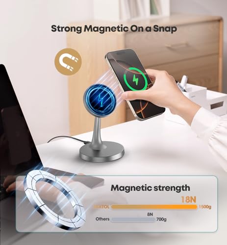 TXXTOL Magnetic Wireless Charger iPhone Stand, 15W Fast Mag-Safe Charger iPhone 17/17 Air/17 Pro/17 Pro Max 16/15/14/13/12 Series Magnet Wireless Charging Station/Pad/AirPods for Home, Office, Travel - color: 1Pack Grey