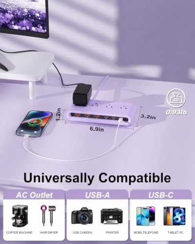 Power Strip with USB Port - 4AC & 6 USB(3USB C), Outlet Extender 5FT - color: Purple