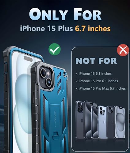 FNTCASE for iPhone 15 Plus Case, Built-in Screen Protector, Kickstand Blue | Military-Grade Drop Protection, Anti-Slip Matte Textured, Rugged Heavy Duty Shockproof TPU Protective Cover - color: Blue