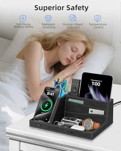 Wireless Charger with Desk Organizer, Fast Charging Station - color: Black-PU leather