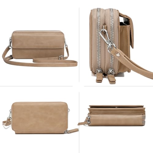 RFID Crossbody Wallet Wristlet Purse with Phone Pocket For Women Vegan Leather - color: Beige
