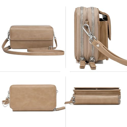 RFID Crossbody Wallet Wristlet Purse with Phone Pocket For Women Vegan Leather - color: Beige