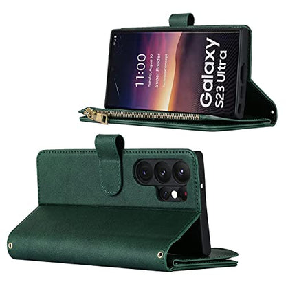 iCoverCase for Samsung Galaxy S23 Ultra Wallet Case with Card Holder, Kickstand Feature PU Leather Case with Adjustable Crossbody Lanyard Magnetic Clasp Zipper Pocket Flip Cover (Green) - color: Green, size: Galaxy S23 Ultra