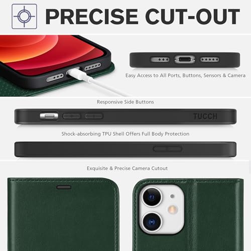 TUCCH Wallet Case for iPhone 12 Pro/12 (6.1") 2020, Flip Stand, Dark Green | RFID Blocking, 3 Card Holders, Kickstand, PU Leather, Shockproof TPU Shell, Magnetic Closure, Protective Folio Cover - color: Dark Green
