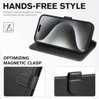 TUCCH Wallet Case for iPhone 15 Pro (6.1") 2023, 4 Card Holders, Black | RFID Blocking, Viewing Stand, Shockproof TPU Shell, PU Leather, Magnetic Closure, Protective Folio Flip Cover - color: Black