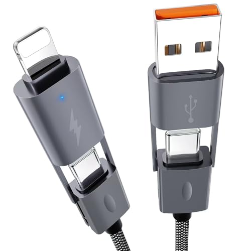 2Pack 4 in 1 Charging Cable 65W Fast Charging [6FT], Multi Charger Cord USB C to USB C/Lightning/USB A, Durable Nylon Braided Power Delivery for iPhone 17 17e 16 15 14, MacBook, Samsung Galaxy S26 S25