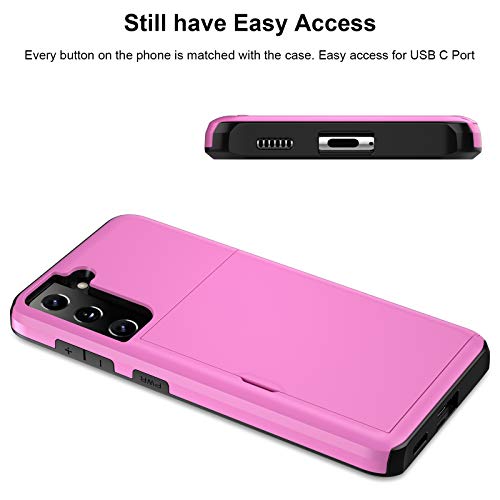 Jiunai for Samsung Galaxy S21 Case Wallet Credit Card IDs Cash Holder Pink | Slide Cover Dual Layer Hybrid Protective Hard PC Soft TPU Rubber Cover Phone Case for Samsung Galaxy S21 5G 6.2'' Women Men - color: Pink