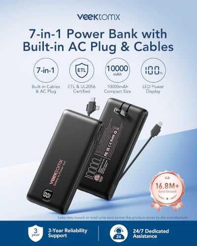 VEEKTOMX Portable Charger with Built-in Cables and AC Wall Plug, 10000mAh