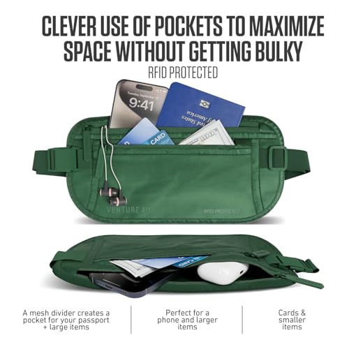 VENTURE 4TH Travel Money Belt, RFID Blocking Passport Holder - Sleek Green - color: Sleek Army Green