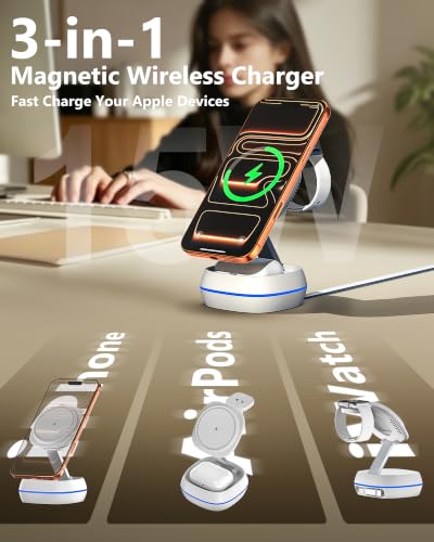 MFI Certified 3 in 1 Magsafe Wireless Charging Station,15W Magsafe Charger,Foldable Travel Charging Magnetic Stand for iPhone 17/16/15/14/13/12 Series,iWatch,Airpods,Built-in Retractable Cable