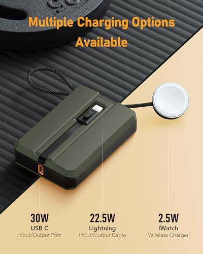 VEEKTOMX PD 30W Power Bank Fast Charging with Built-in Cable for iPhone, Small Portable Charger 10000mAh, Portable Apple Watch Charger, Compact Battery Pack for iPhone 14/13/12/11/iWatch, Green - size: Lightning Green