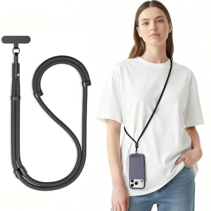 3-in-1 Phone Lanyard Crossbody/Neck/Wrist, Adjustable Strap with Tether Tab - color: Black