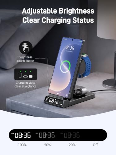 Wireless Charger for Samsung S25 with Clock 3 in1 Foldable Charging Station - color: Black
