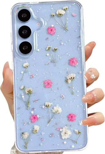 LSEEKA for Samsung Galaxy S25+ S24+ Clear Case with Pressed Real Dried Pink Flower Design,Transparent Glitter Cute Floral Slim Soft TPU Protective Phone Cover for Samsung Galaxy S25+ S24+ - color: Pink, size: for Samsung S24+/S25+