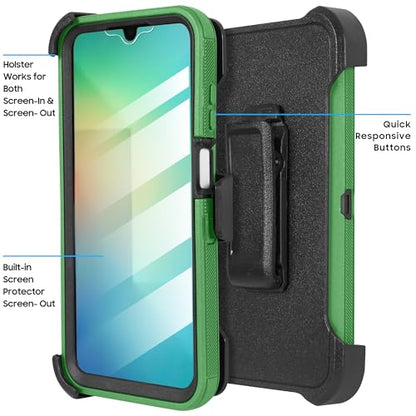 Compatible for Samsung Galaxy A26 5G, Built in Screen Protector, Belt Clip Holster Heavy Duty Defender Case Dustproof Shockproof Protection (Green) - color: Green