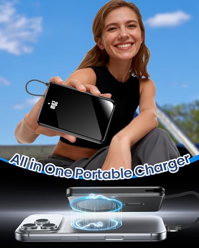 golioklsy Portable Charger Power Bank, 10000mAh Phone Charger with Built-in Cable, 20W PD Fast Charging, Slim Battery Pack with LED Display, Travel Essential for iPhone 17/16/15/14 All Series, Black | Charge from 20% to 85% in 30 Mins, 30% Smaller, magnet