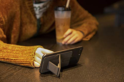 DesignNest FoldStand Slim Magnetic Phone Stand Card Holder with Lanyard, Horizontal Vertical View, Foldable Finger Grip, Wireless Charging Compatible Leather Brown