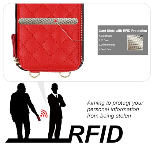 Bocasal Crossbody Wallet Case Card Holder for iPhone 17 Pro Max Red | RFID Blocking PU Leather Zipper Handbag Purse, Kickstand Flip Folio Case with Card Slots Holder Wrist Strap Lanyard 6.9 Inch - color: Red