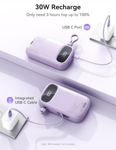RETMSR Portable Charger 20000mAh 45W USB C Fast Charging, Built-in Cable - color: Taro Purple