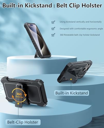 FNTCASE for iPhone 15 Pro Max Case with Belt Clip, Rugged Kickstand | Built-in Screen Protector, Military-Grade Drop Protection, Heavy Duty Shockproof Holster Protective Cover - color: T-Black