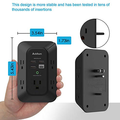 Addtam Surge Protector, Outlet Extender with 5 AC and 4 USB Ports, Black - style: 1C3A No PD