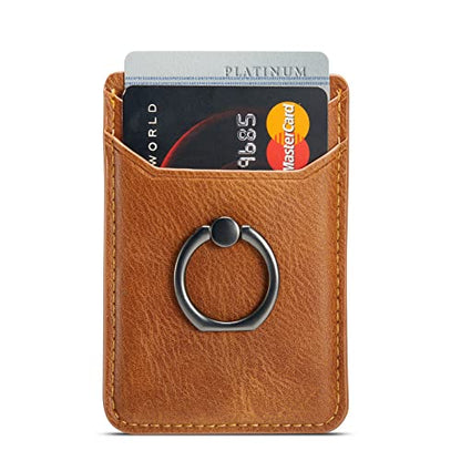 Card Holder Sleeve with Ring, RFID Credit Wallet Synthetic Leather Stick On Back Grip for iPhone Samsung Smartphone - Brown - color: Cow Brown