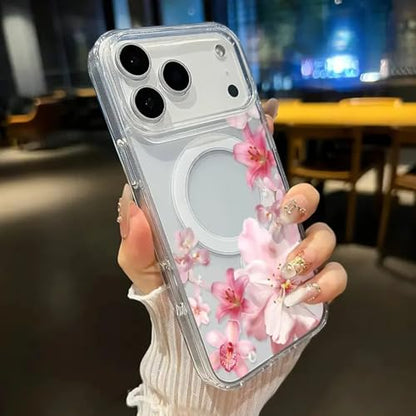 Blush Floral Cascade Magnetic Phone Case for iPhone 11-17 Series, Anti-Yellowing Shockproof, Ultra-Thin Transparent Cover, Elegant Gift (Clear, iPhone 17 Pro) - color: Clear