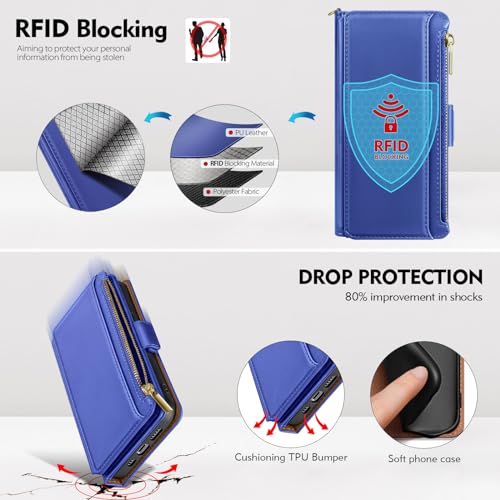 Antsturdy for iPhone 14 Plus Phone Wallet Case Women,Purple Blue | RFID Blocking,with Credit Card Holder Slots,PU Leather Purse,Zipper Pocket,Wrist Strap Kickstand,Flip Folio Cover for Men - color: Purple Blue