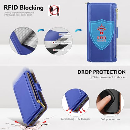 Antsturdy for iPhone 14 Plus Phone Wallet Case Women,Purple Blue | RFID Blocking,with Credit Card Holder Slots,PU Leather Purse,Zipper Pocket,Wrist Strap Kickstand,Flip Folio Cover for Men - color: Purple Blue