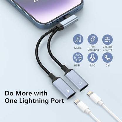 Right Angle 2-in-1 iPhone to Dual Lightning Jack Audio Headphone and Charger Cable Adapter,【Apple MFi Certified】Calling+Music+Charge 90 Degree Earphones Converter Splitter for Apple iPhone 14 13 12 11