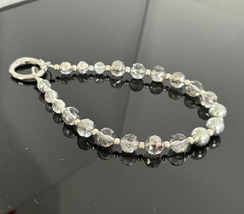 Sparkle Crystal Pearl Phone Wrist Strap for Women, Sparkling Beaded Cellphone Lanyard Chain - color: Crystal Gray