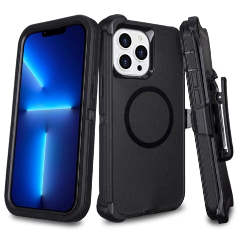 Magnetic for iPhone 13 Pro Max Case with Belt Clip Holster Kickstand, Black | Heavy Duty Military Grade Drop Protection Case for iPhone 13 Pro Max, 6.7", with 360°Rotating Kickstand - color: Black