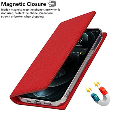iCoverCase Compatible with iPhone 13 Pro Wallet Case, RFID Blocking Genuine Leather Magnetic Case with Wrist Strap and Card Slots Kickstand Feature Flip Cover 6.1 Inch (Red) - color: Red, size: iPhone 13 Pro