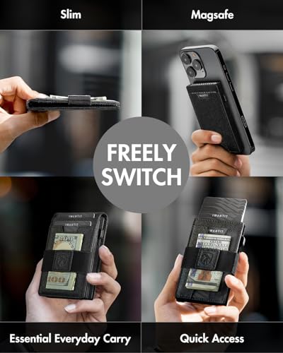 iwantit 3 in 1 Magsafe Wallet Men: Bifold Wallet + Magnetic Wallet for iPhone - Detachable Cash Strap, Smart Pop Up Card Holder, ID Window, Premium Leather (Cross Grain Black) - color: Cross Grain Black