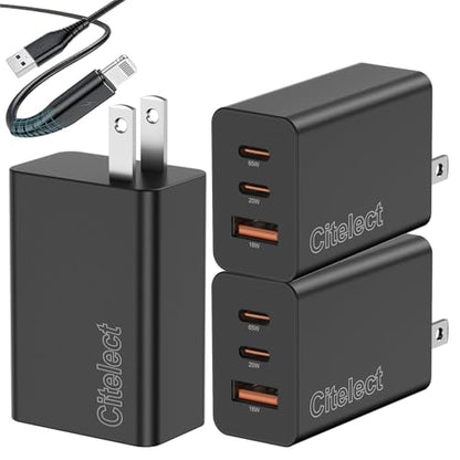 85W Dynamic Power GaN USB-C Fast Charger, 2C1A 3-Port, Max 65W, 3 Pack - color: Black, size: 3Pack