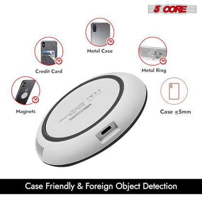 5 Core Fast Wireless Charging Pad 15W Qi-Certified Slim Glass Top Phone Charger with USB-C for iPhone Samsung & Other Smart Phones – CDKW04 W