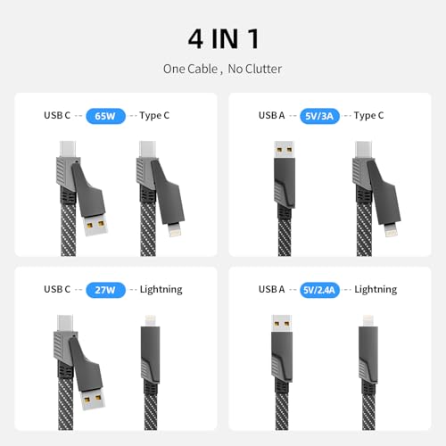 4 in 1 Multi Charging Cable Fast Charging 65W, USB C Cable with E-Mark Chip - color: Black&Gray, size: 1Pack 4 ft