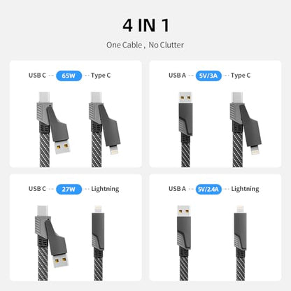 4 in 1 Multi Charging Cable Fast Charging 65W, USB C Cable with E-Mark Chip - color: Black&Gray, size: 1Pack 4 ft