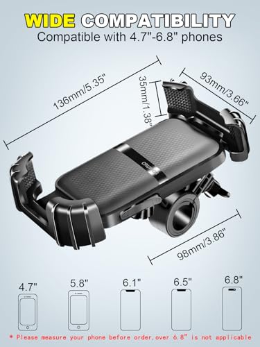 Motorcycle Phone Mount,Handlebar Phone Holder for Bike,360°Rotation,Silicone Wrapped Phone Clamp,One-Touch Quick Lock Scooter Stroller Bicycle Phone Holder,4.7- 6.8"Phones,Thick Cases Friendly - color: Black